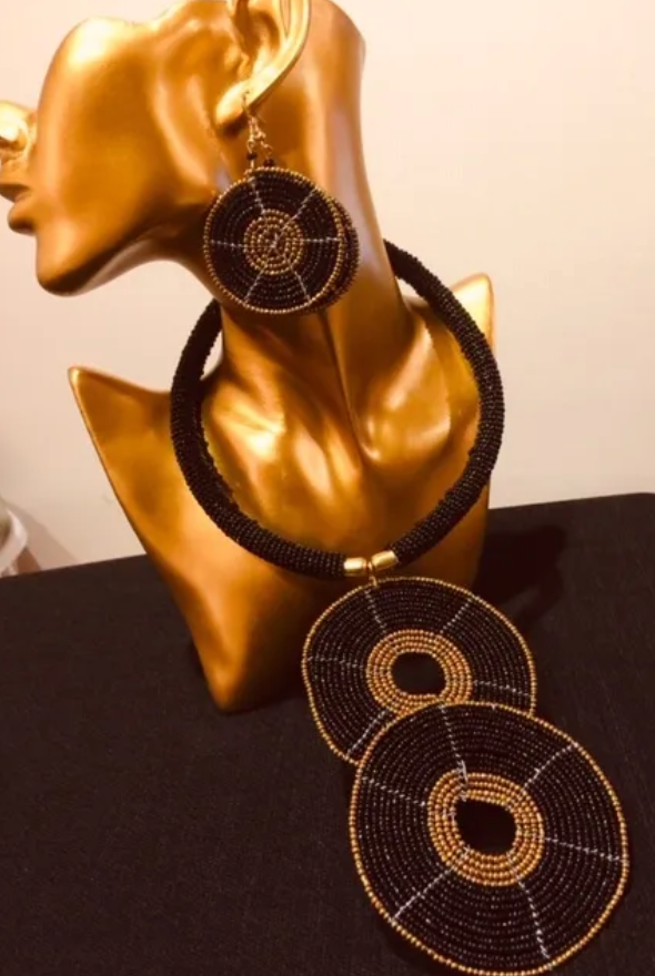 Beaded Black & Brown - Necklace & Earring Set