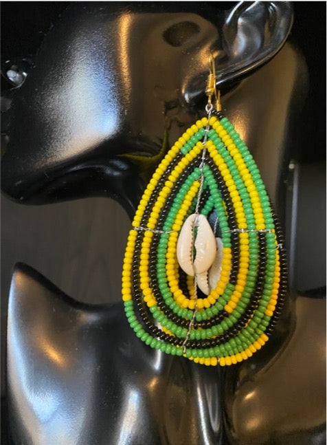 Yellow, Green and Black Caribbean Inspired Oval Beaded Earrings