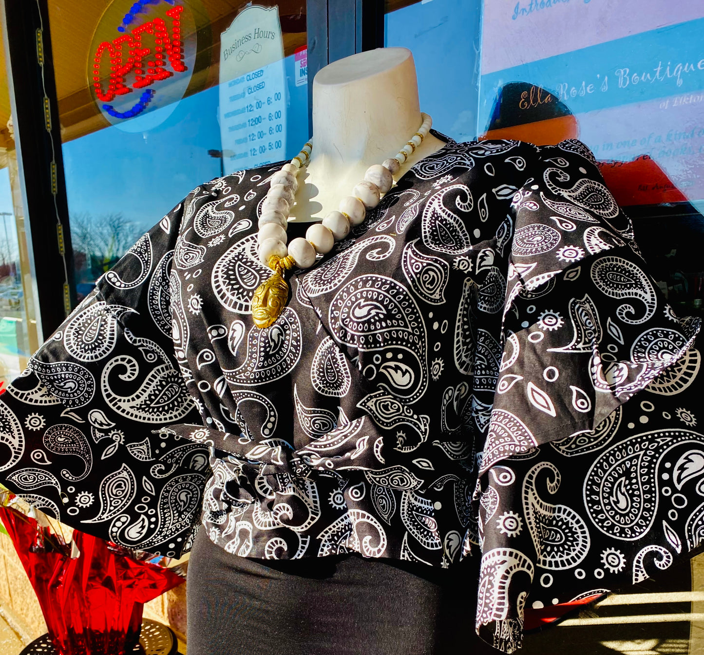 Black & White Wrap Top w/ Bell Sleeves
