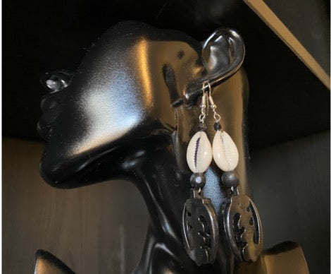 Black African Symbol Gye Nyame with Cowrie Shell Hanging Earrings