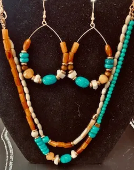 Wooden & Turquoise - Necklace & Earring Set