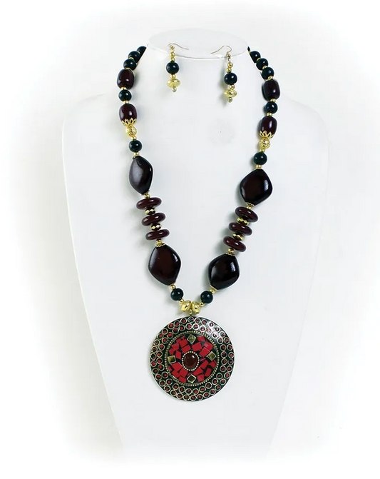 Black, Burgundy & Gold Pendant, Option 2 - Necklace & Earring Set