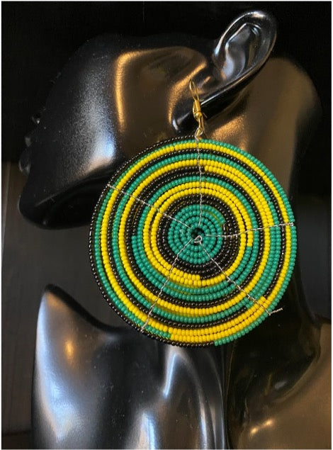 Yellow, Green and Black Caribbean Inspired Round Beaded Earrings